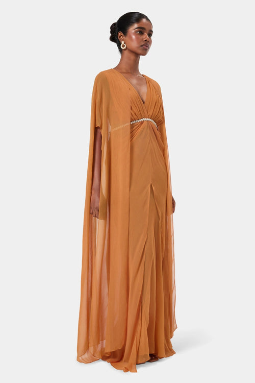 Tangerine Embellished Draped Shoulder Gown