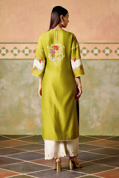 Olive and Ivory Color Block Kurta Set with Dupatta