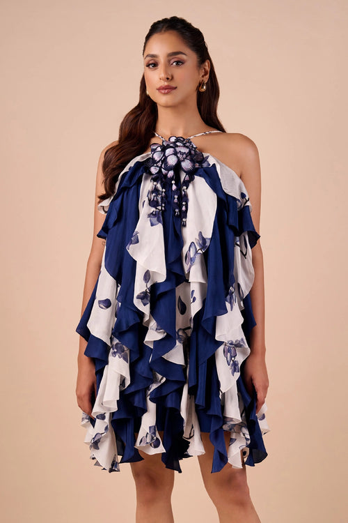 Blue Printed Ruffle Dress
