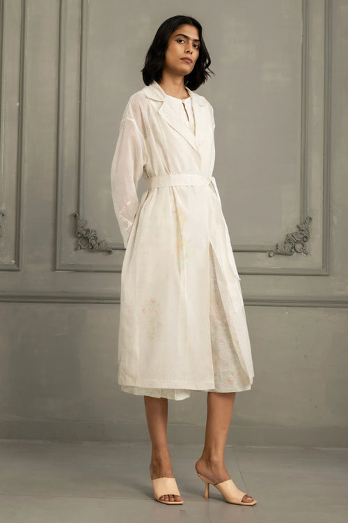 Ivory Quilted Mul Chanderi Jacket And Linen Jumpsuit