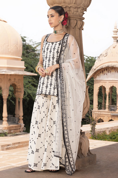 Black and White SK-BK all-over Embroidered Sharara with Dupatta