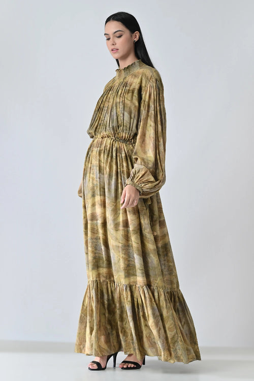 Olive Dye Printed Bloom Long Dress