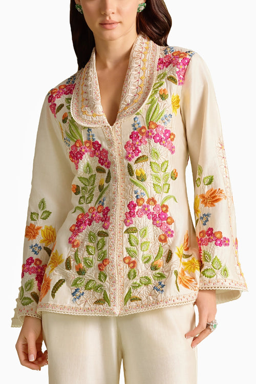 Ivory Floral Threadwork And Beadwork Flared Jacket