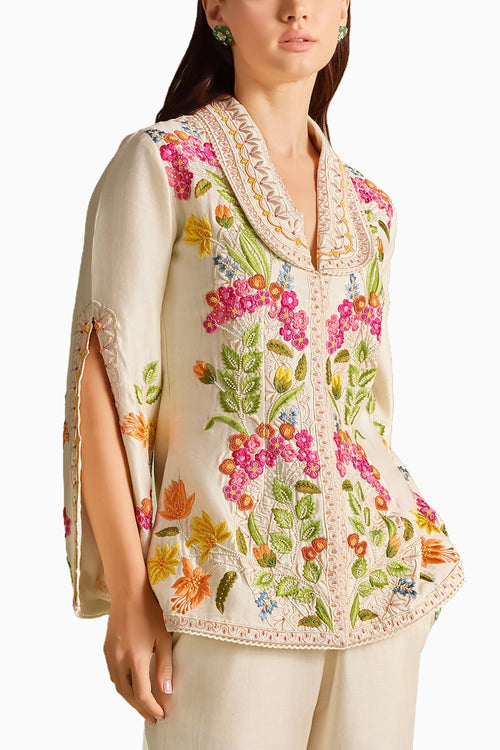 Ivory Floral Threadwork And Beadwork Flared Jacket