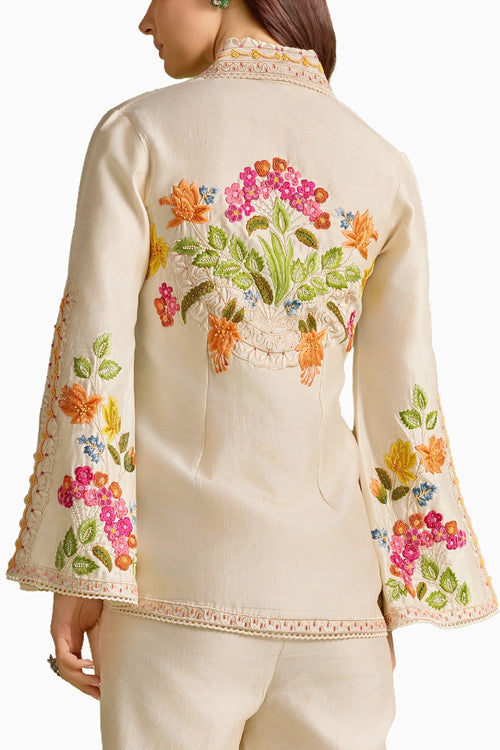 Ivory Floral Threadwork And Beadwork Flared Jacket