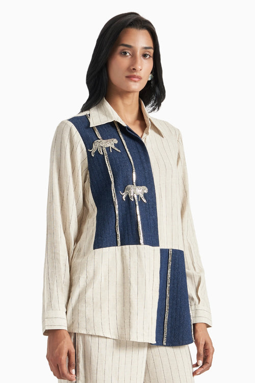 Beige Stripes Herringone Panel Shirt