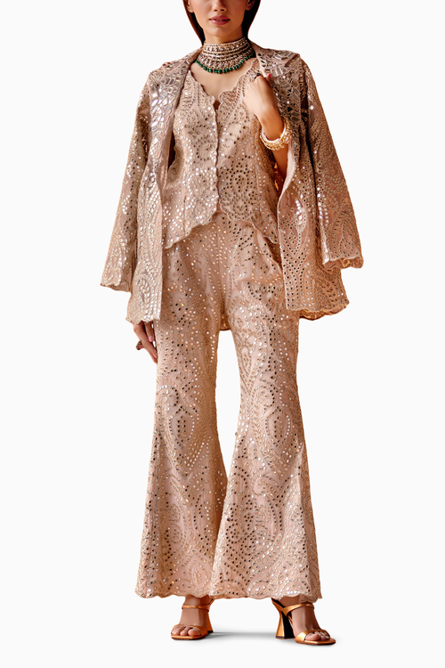 Blush Peach Mirrorwork Scallop Gilet with Scallop coat jacket and Bell Bottoms