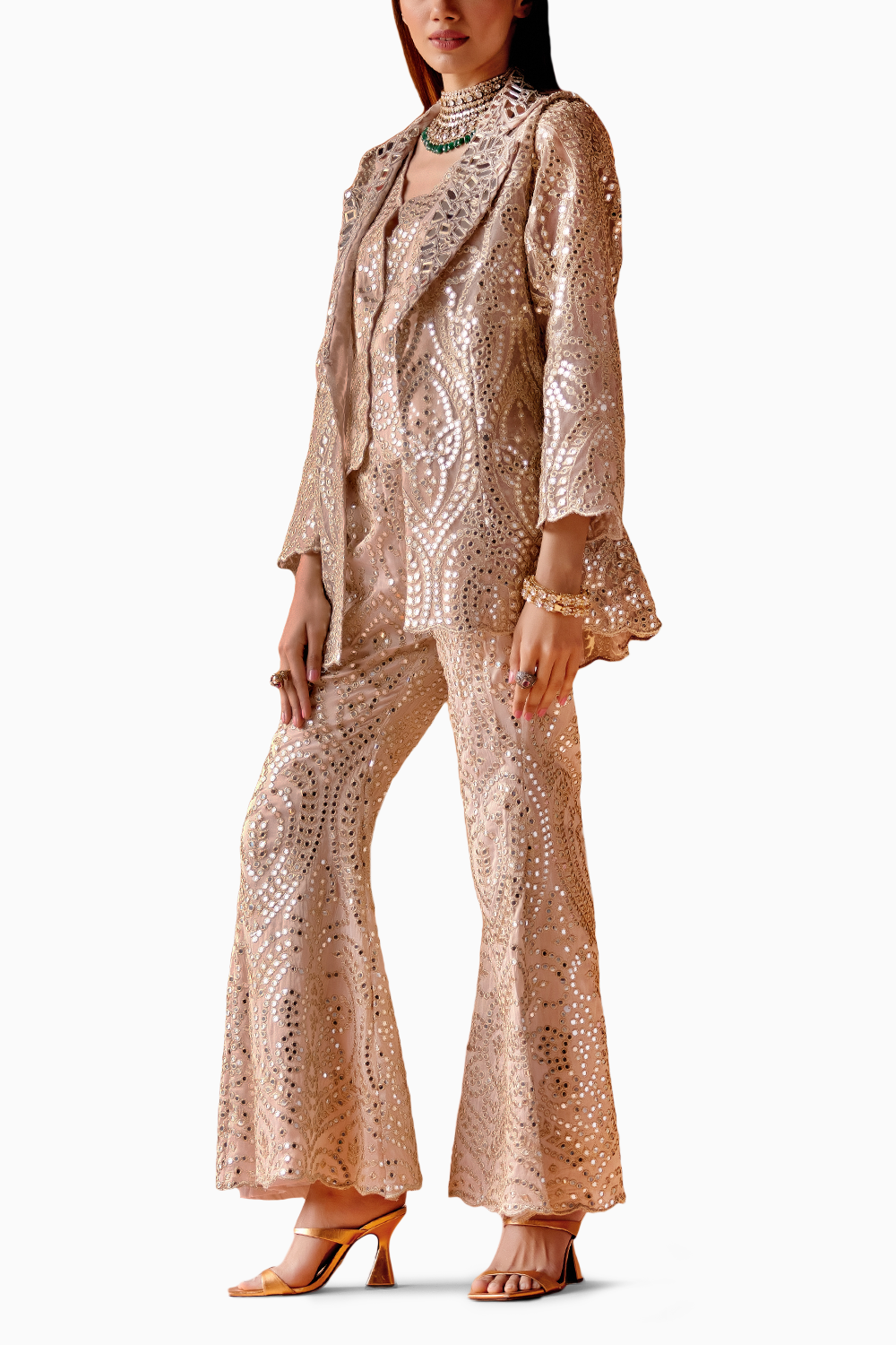 Blush Peach Mirrorwork Scallop Gilet with Scallop coat jacket and Bell Bottoms