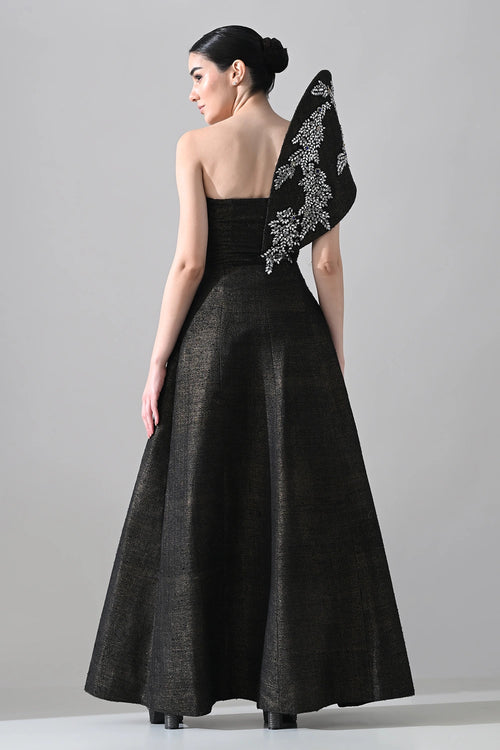 Black Sculpted Gown With Asymterical Crystal Handwork