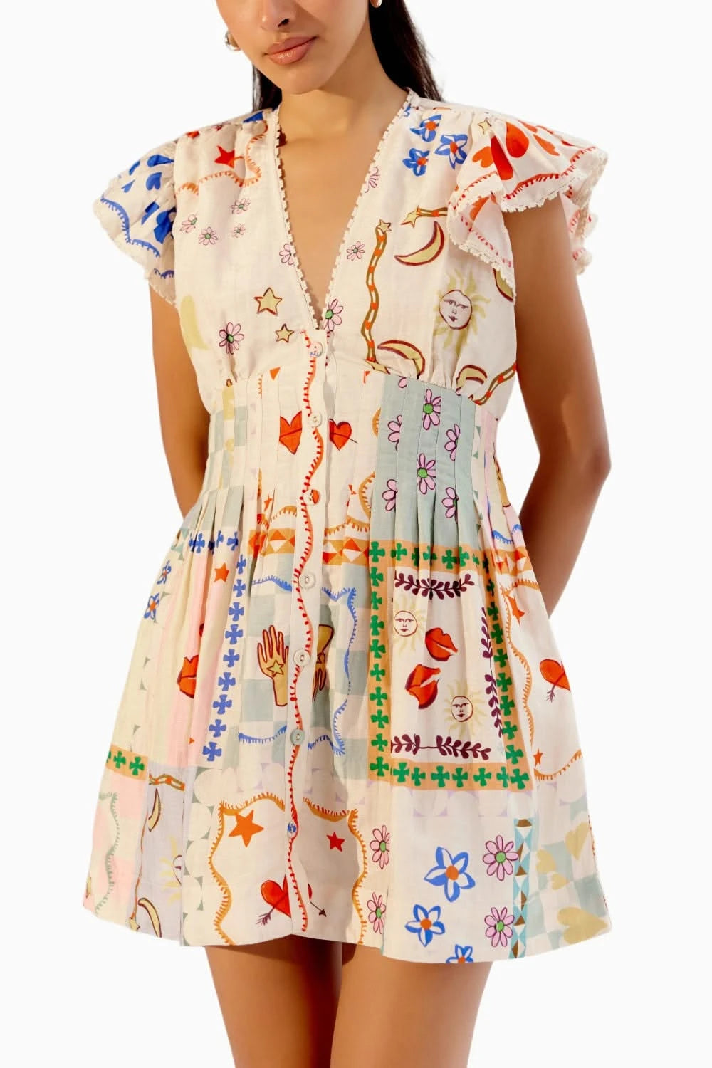 Boardgame Print Estella Mini Dress for Beach Vacation