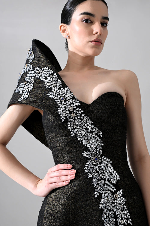 Black Sculpted Gown With Asymterical Crystal Handwork