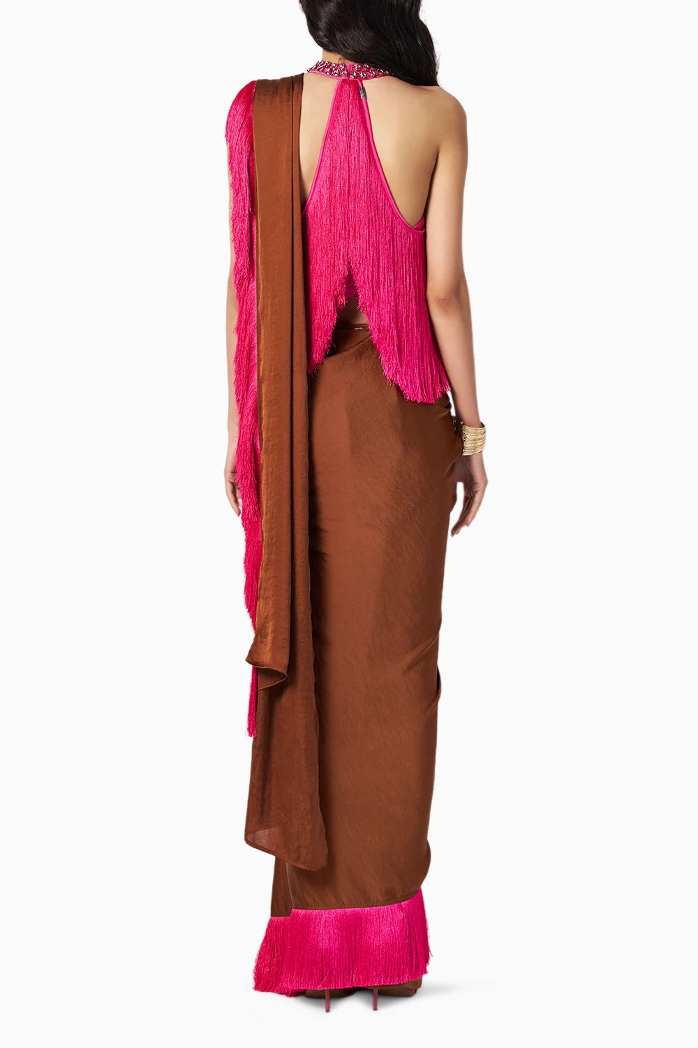 Noor Fringe Chocolate Brown-Fuschia Sari
