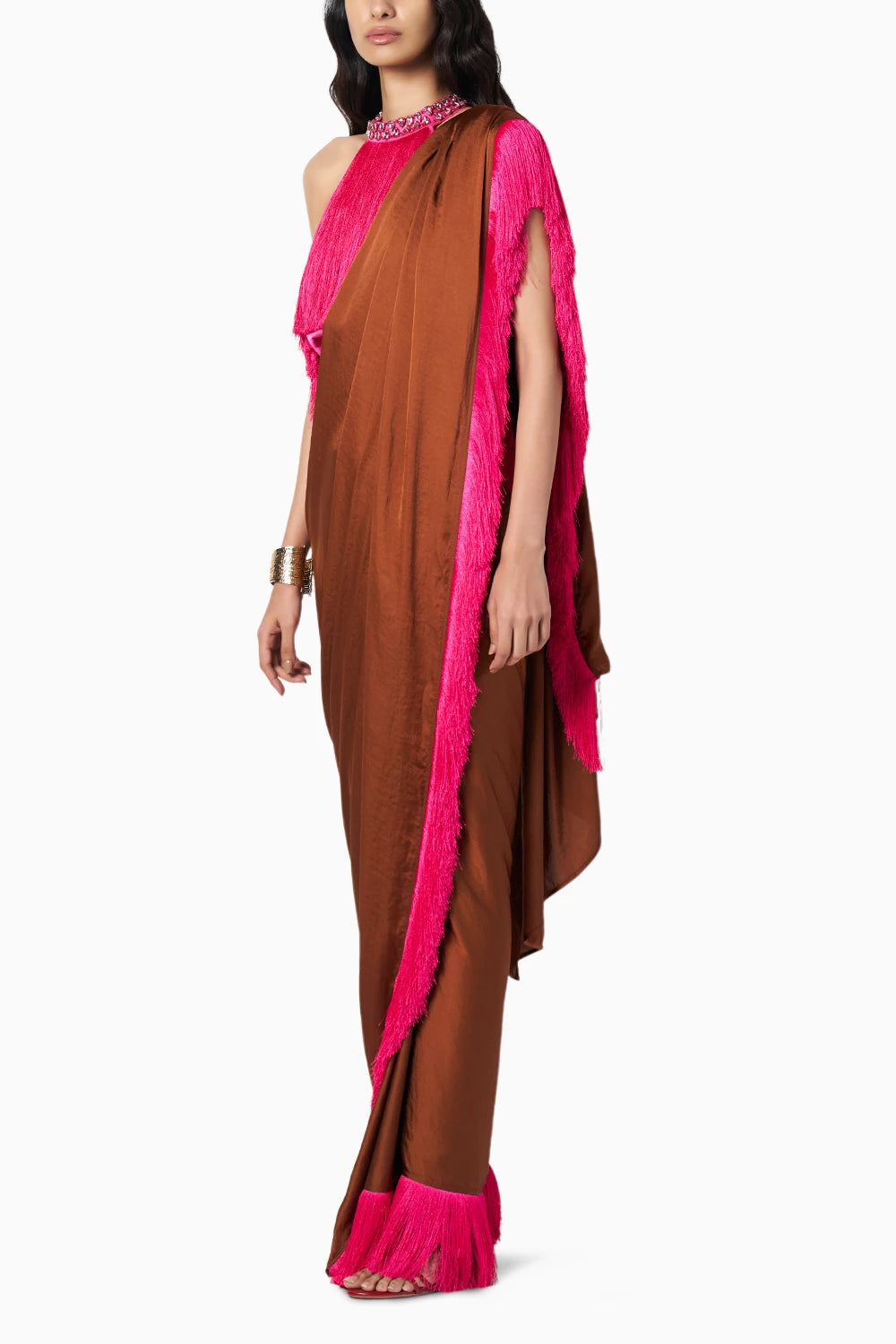 Noor Fringe Chocolate Brown-Fuschia Sari