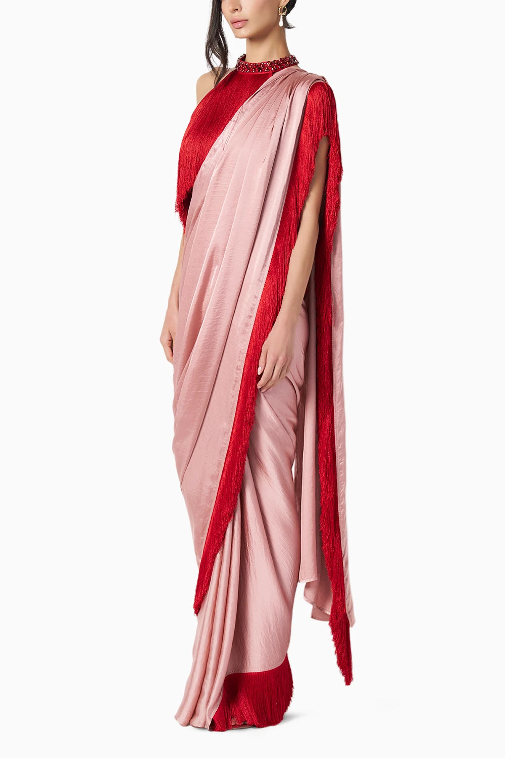 Noor Fringe Pink-Red Sari