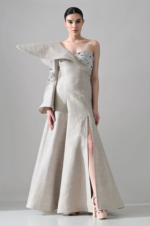 One-Shoulder Architectural Gown With Crystal Detailing