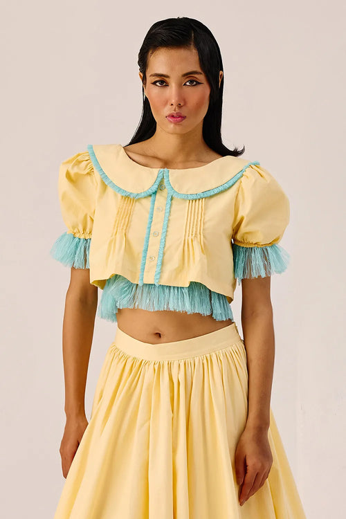 Yellow Puff-Sleeve Cropped Top