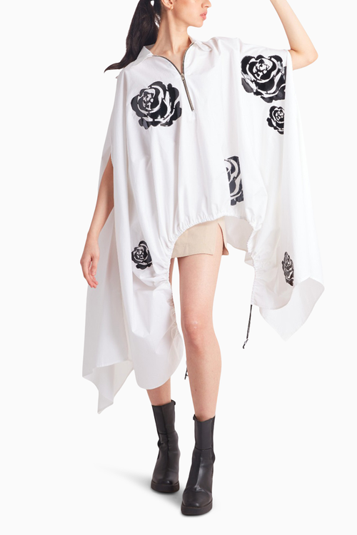 White Drawstring Cape with Black Rose Cut Work Applique