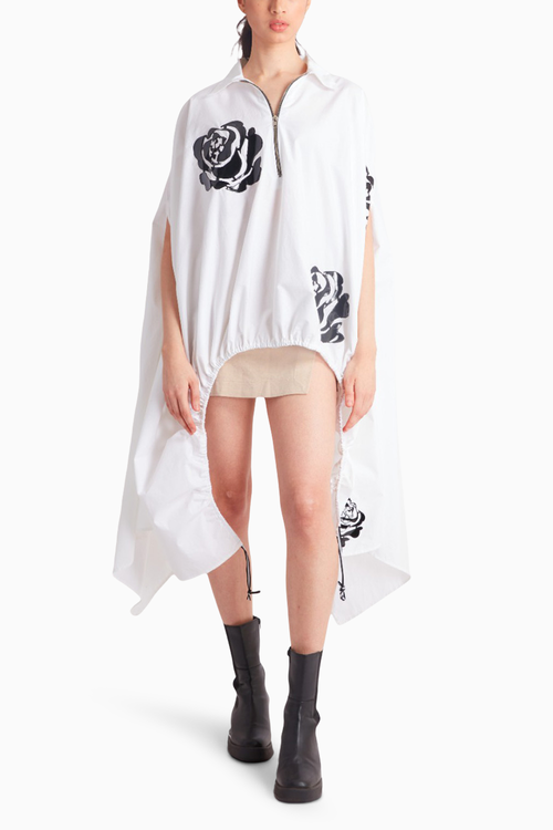 White Drawstring Cape with Black Rose Cut Work Applique