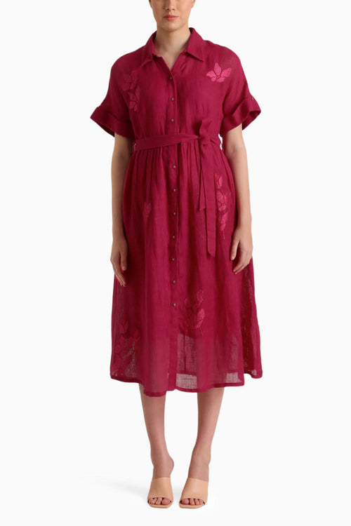 Fuchsia Drop Shoulder Carnation Embroidered Dress