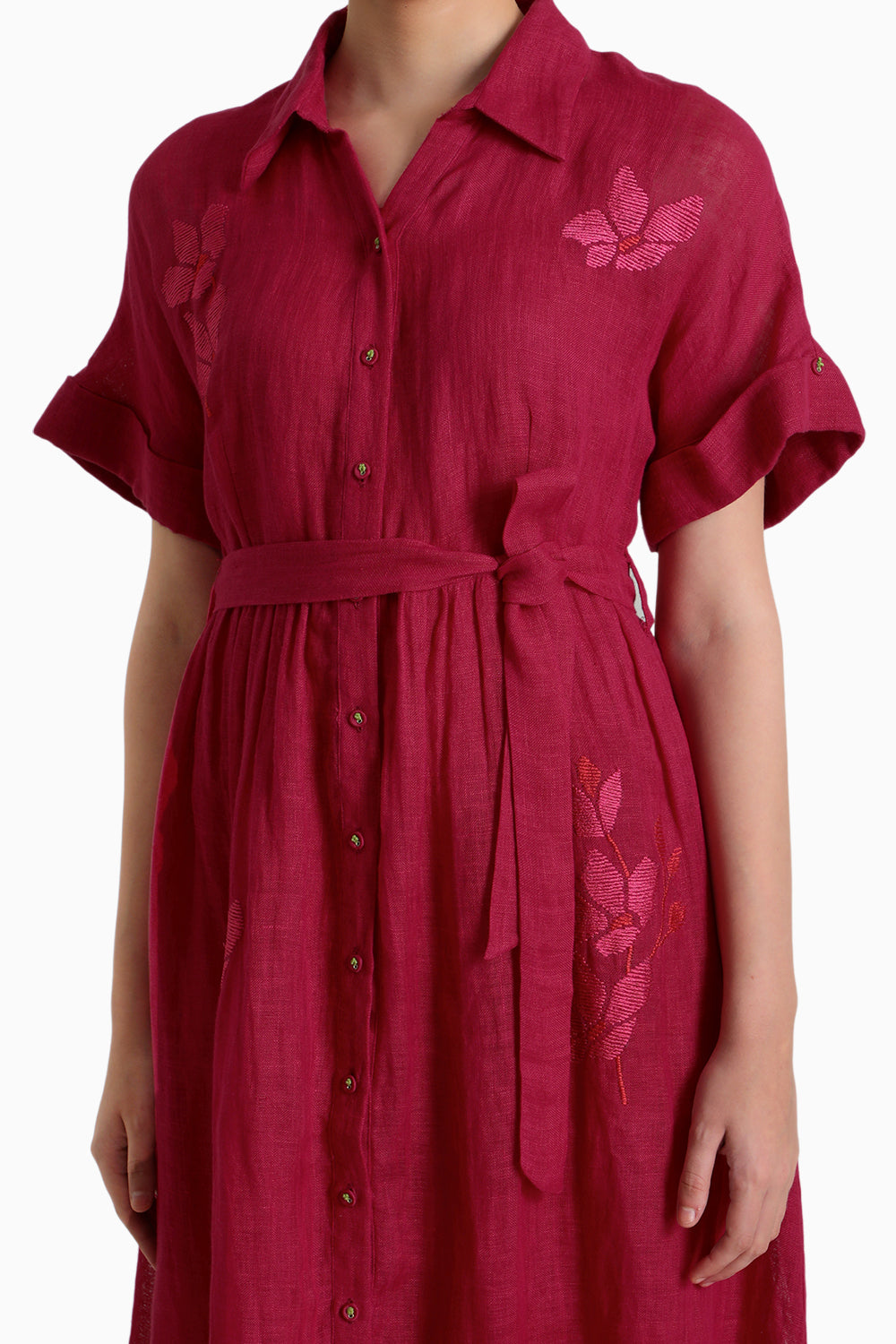 Fuchsia Drop Shoulder Carnation Embroidered Dress