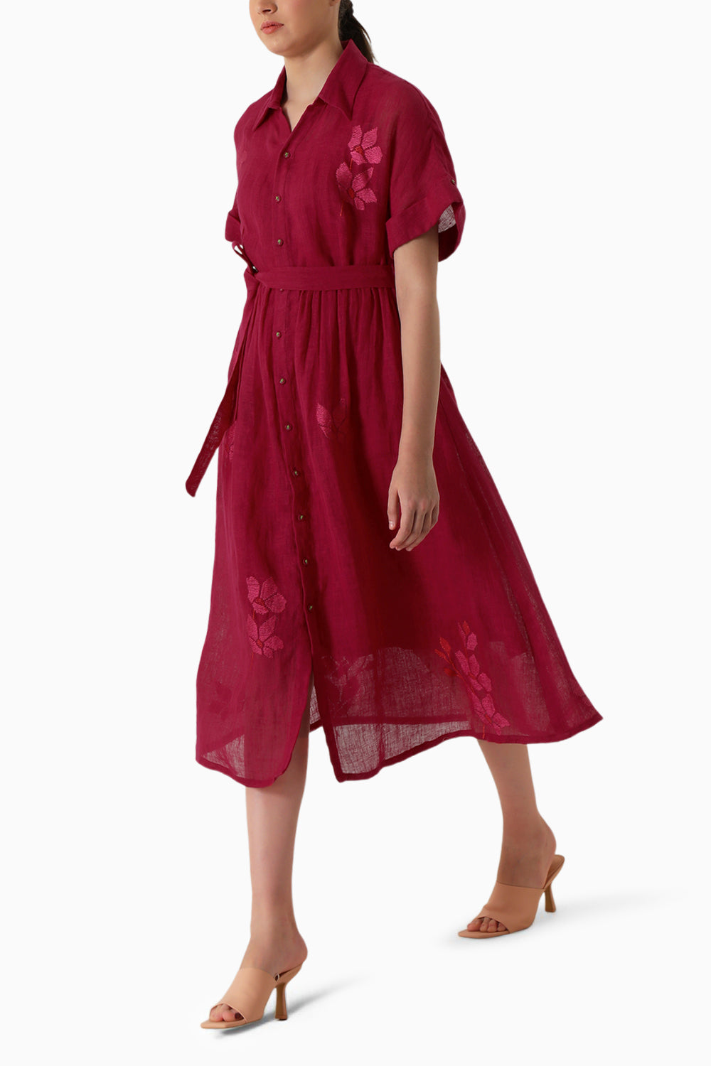 Fuchsia Drop Shoulder Carnation Embroidered Dress