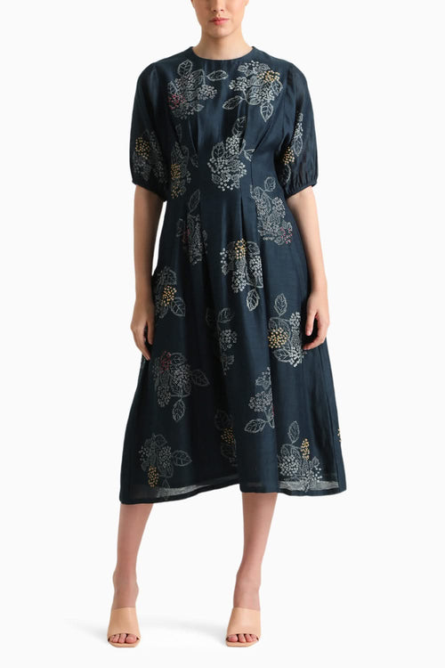Indigo Handblock Print Embroidered Dress