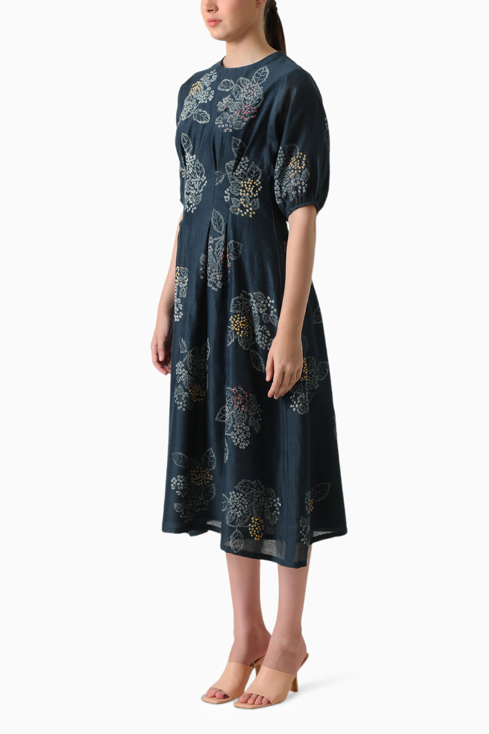 Indigo Handblock Print Embroidered Dress