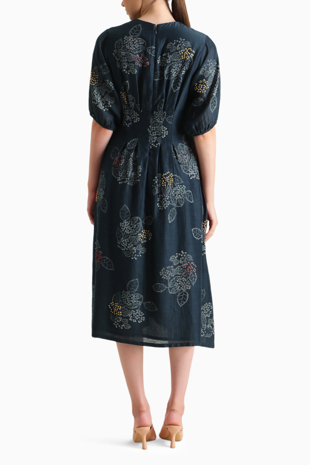 Indigo Handblock Print Embroidered Dress