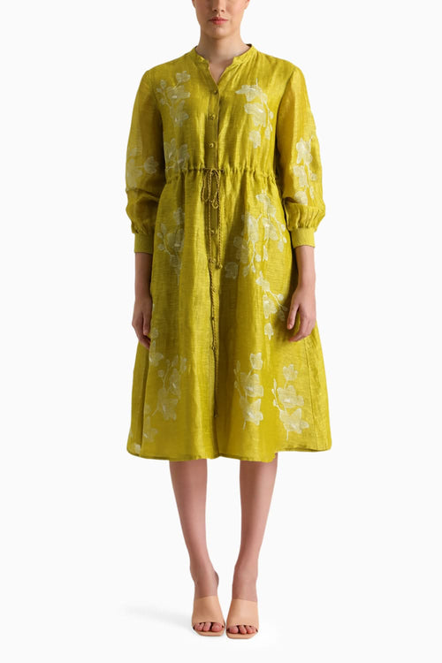 Chartreuse Handblock Print Embroidered Dress