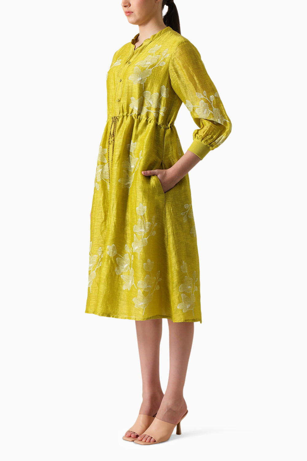 Chartreuse Handblock Print Embroidered Dress