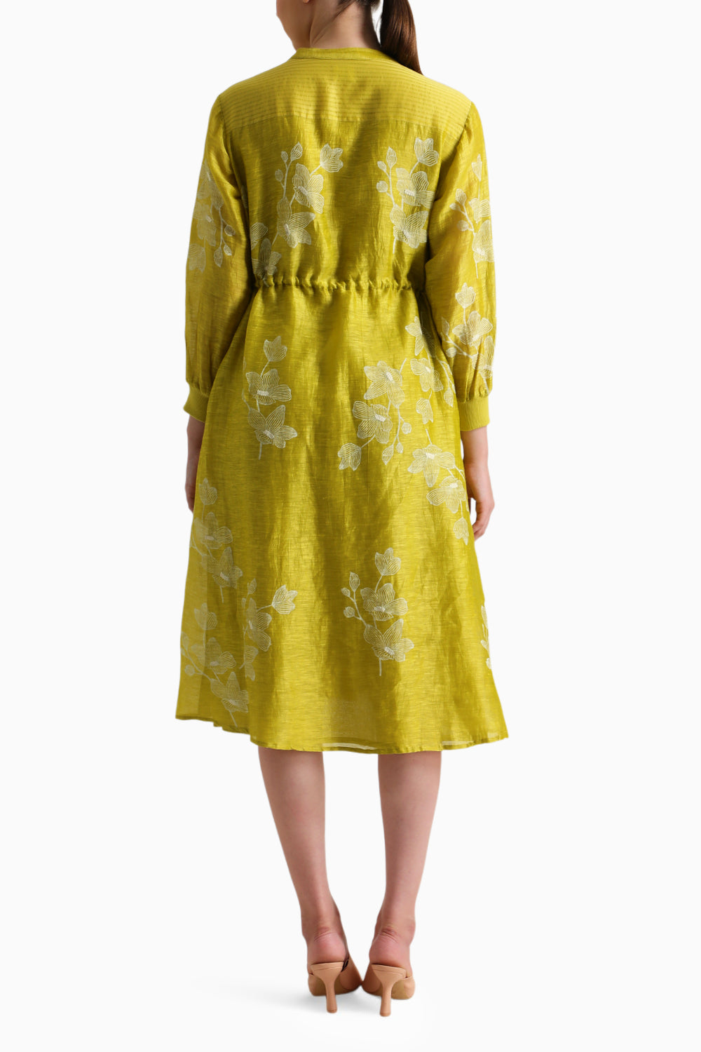 Chartreuse Handblock Print Embroidered Dress