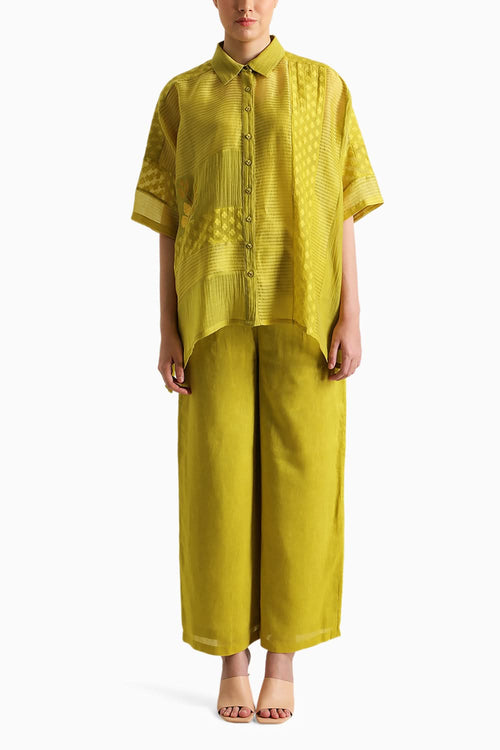 Chartruese Lace Shirt and Wide Leg Pant with Slip