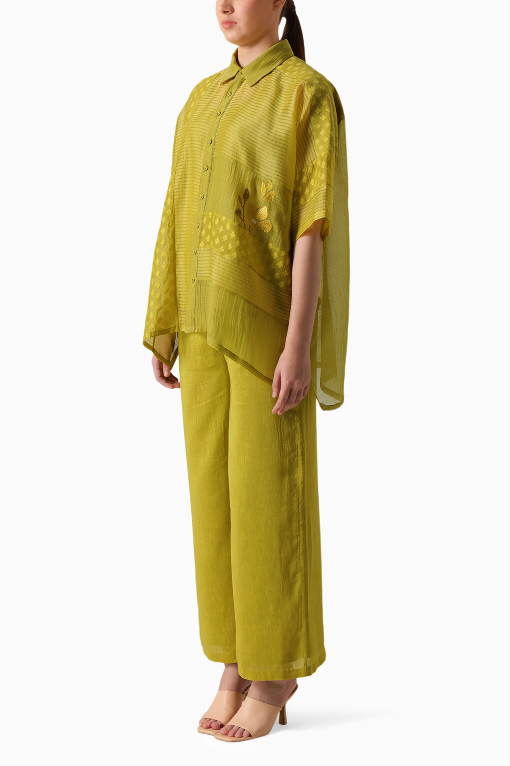 Chartruese Lace Shirt and Wide Leg Pant with Slip