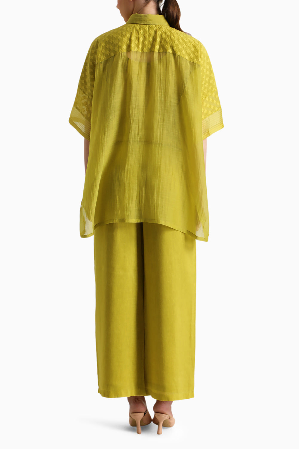 Chartruese Lace Shirt and Wide Leg Pant with Slip