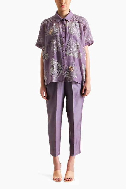 Mauve Handblock Print Embroidered Shirt and Pant with Slip