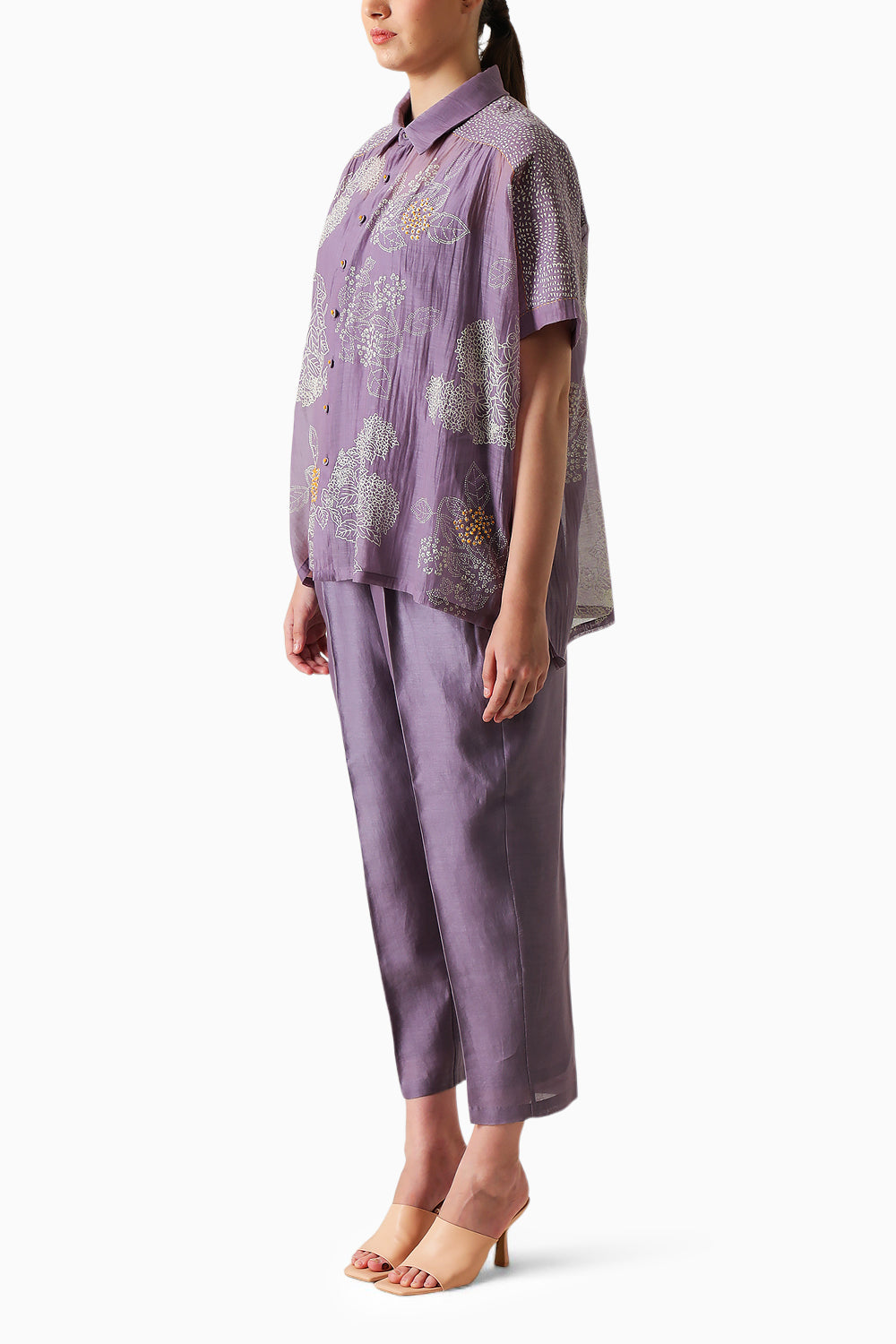 Mauve Handblock Print Embroidered Shirt and Pant with Slip