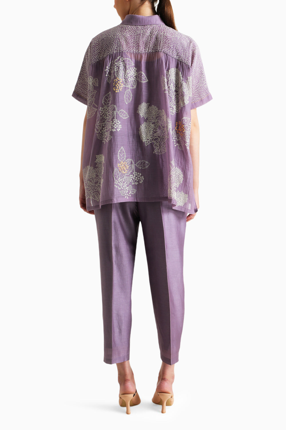 Mauve Handblock Print Embroidered Shirt and Pant with Slip