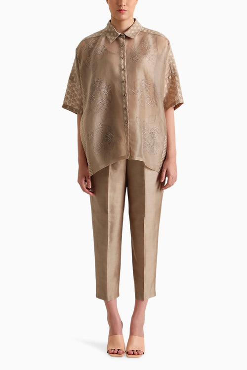 Beige Organza Lace Shirt and Pant with Slip