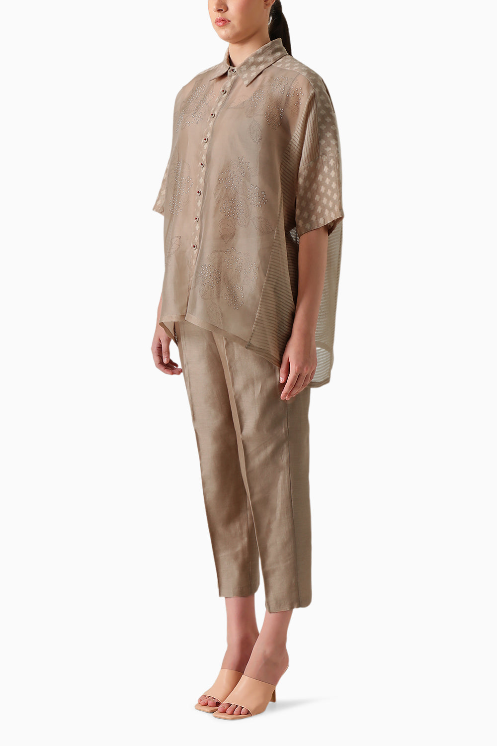 Beige Organza Lace Shirt and Pant with Slip