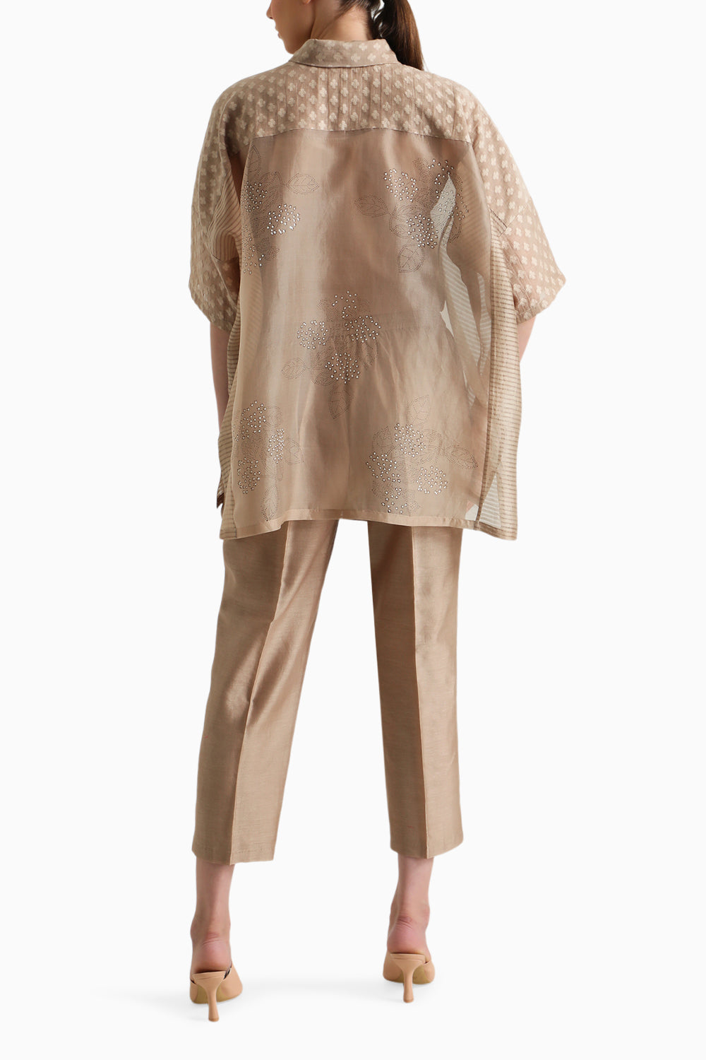 Beige Organza Lace Shirt and Pant with Slip