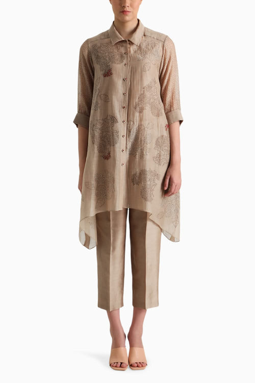 Beige Handblock Print Embroidered Shirt and Pant with Slip