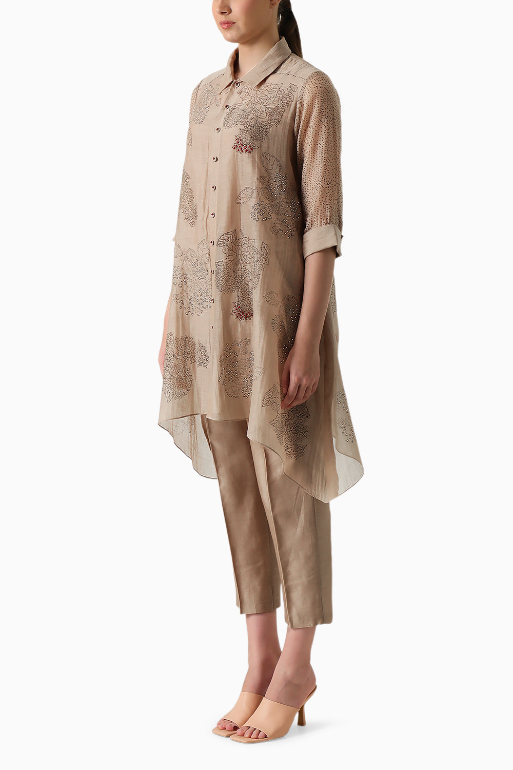 Beige Handblock Print Embroidered Shirt and Pant with Slip