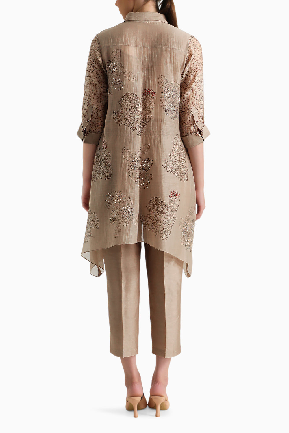 Beige Handblock Print Embroidered Shirt and Pant with Slip