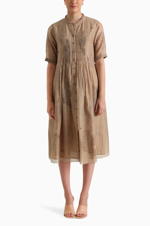 Beige Embroidered Pleated Dress