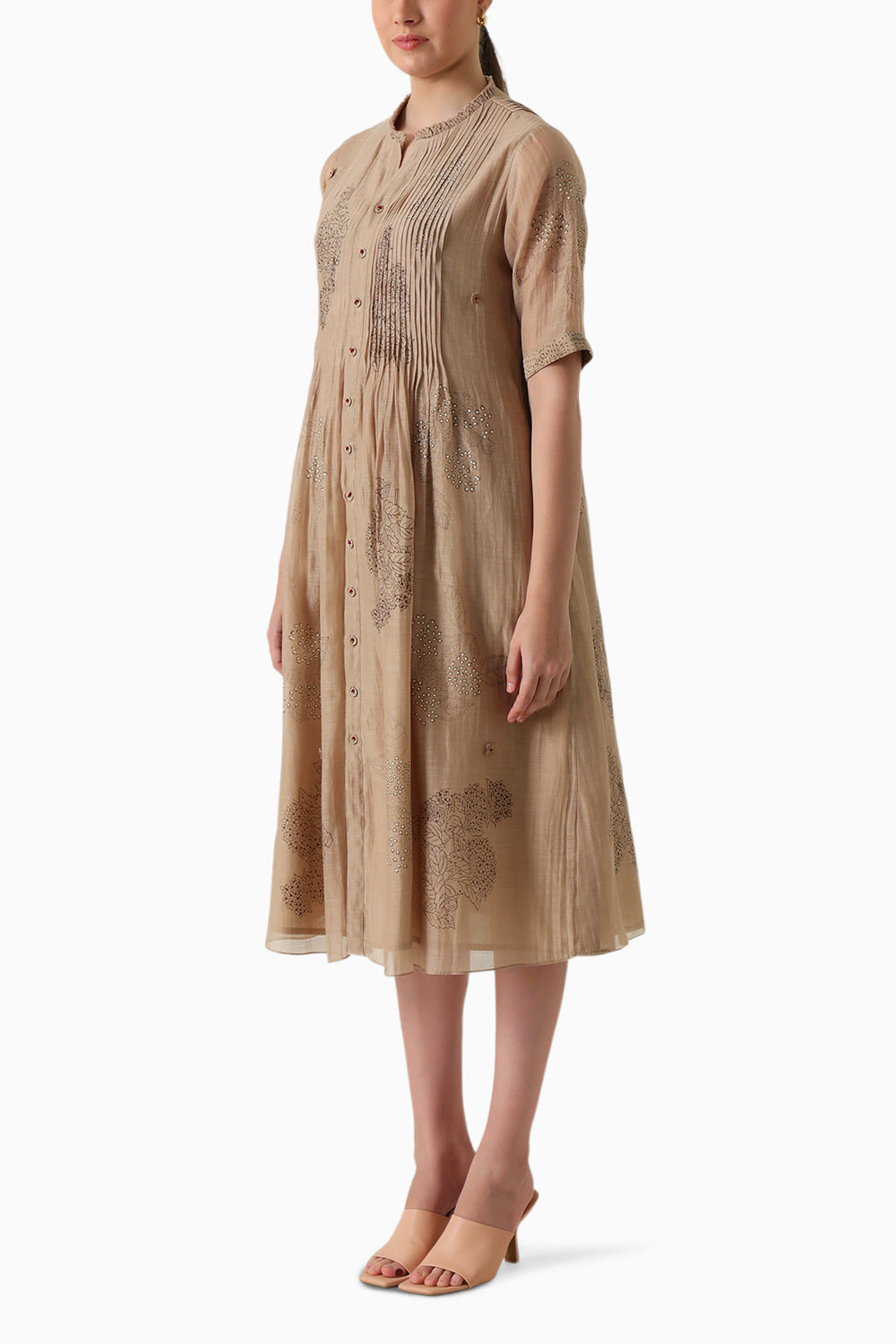 Beige Embroidered Pleated Dress