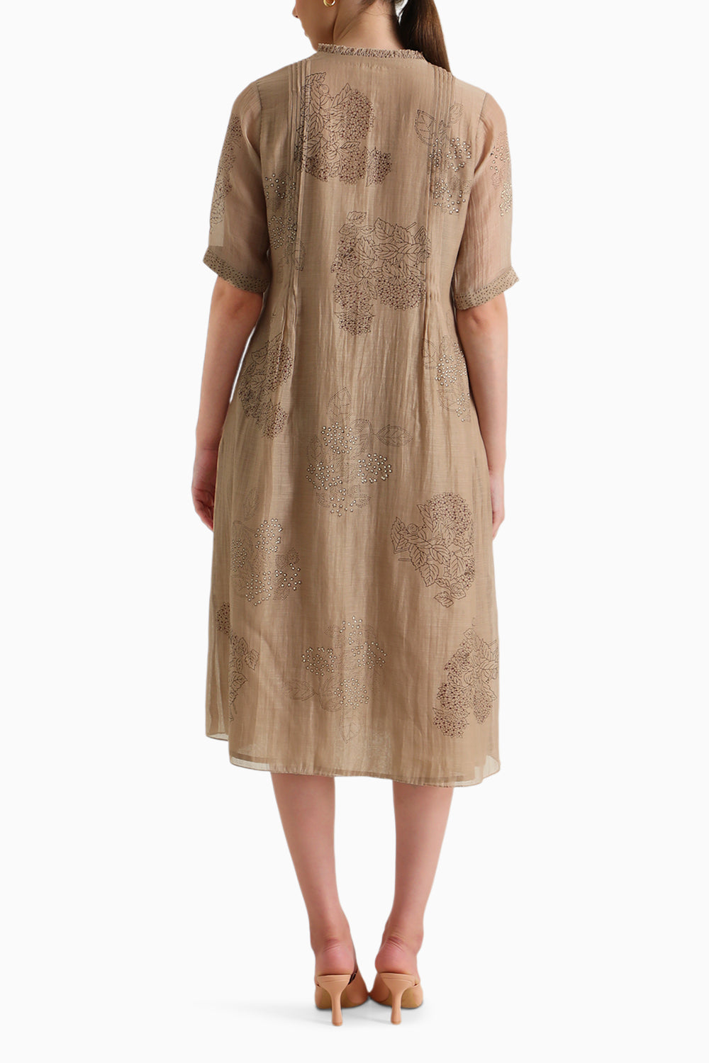 Beige Embroidered Pleated Dress