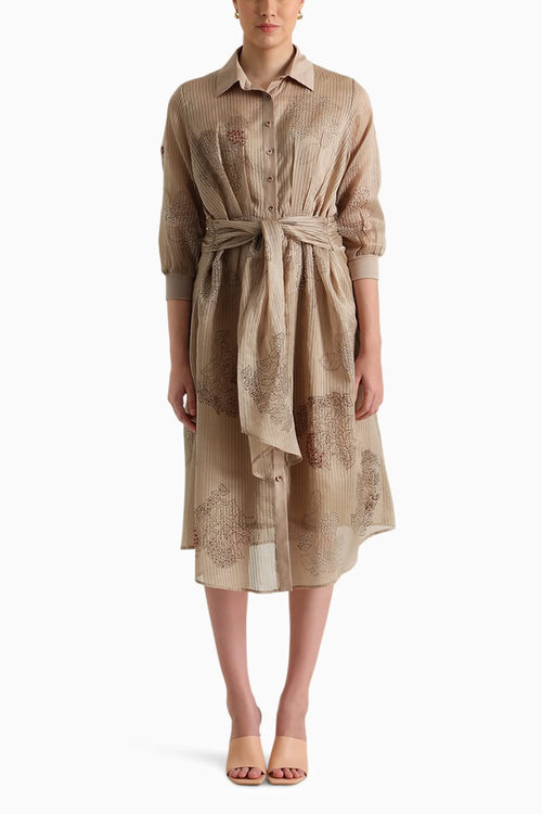 Beige Handblock Printed Tie-Up Dress