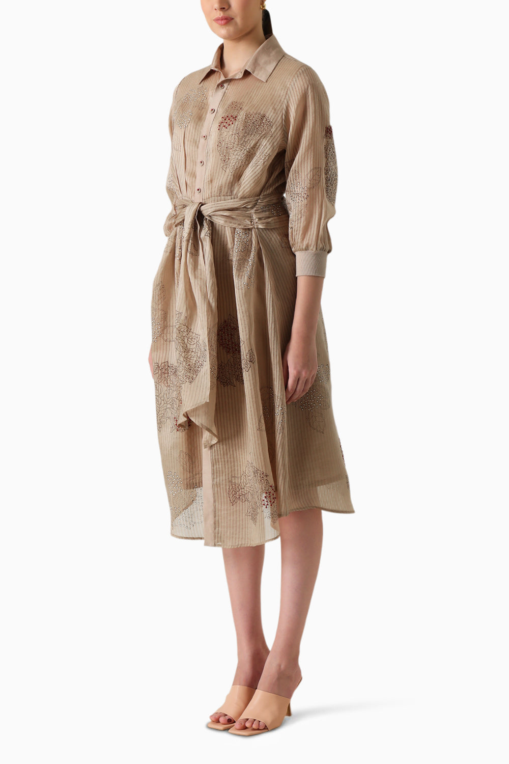 Beige Handblock Printed Tie-Up Dress