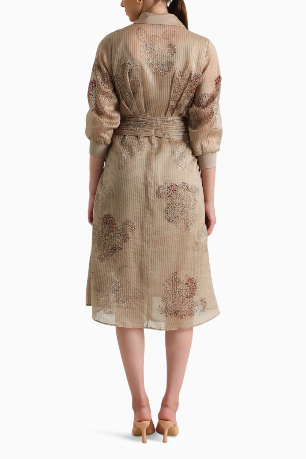 Beige Handblock Printed Tie-Up Dress