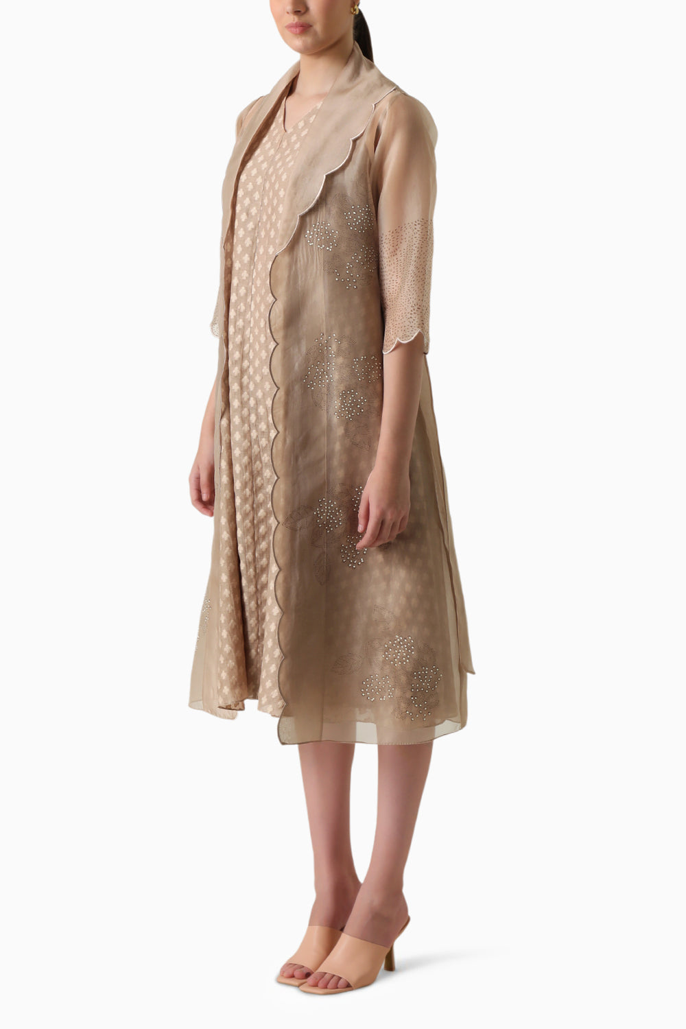 Beige Printed Organza Jacket and Brocade Dress